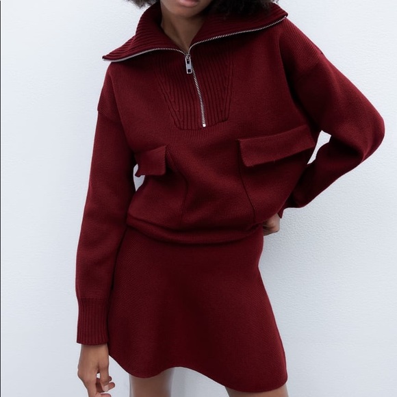 Zara Set - Burgundy Wool Blend Knit Zip Sweater & Mini Skirt - Picture 15 of 17